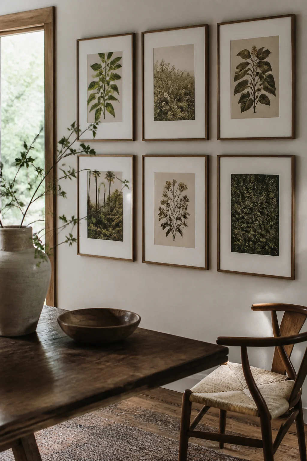 Hang botanical or nature prints in a simple gallery layout
