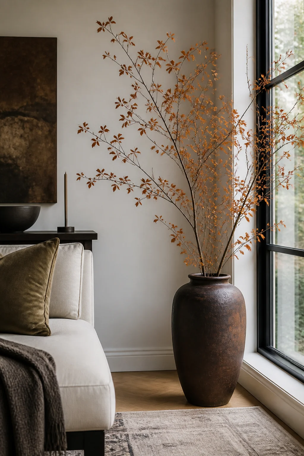 Create a small styling nook with fall branches and a floor vase