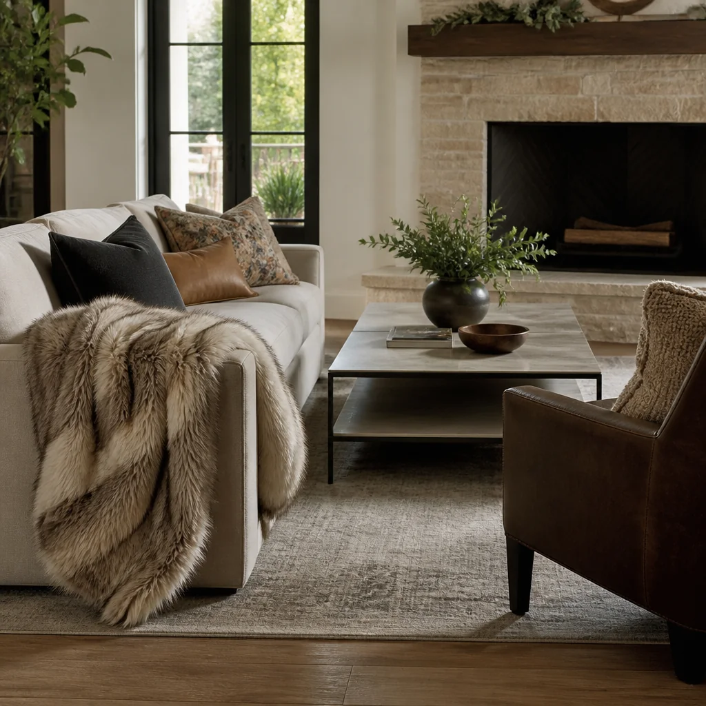 Drape a faux fur throw over one chair or the sofa arm