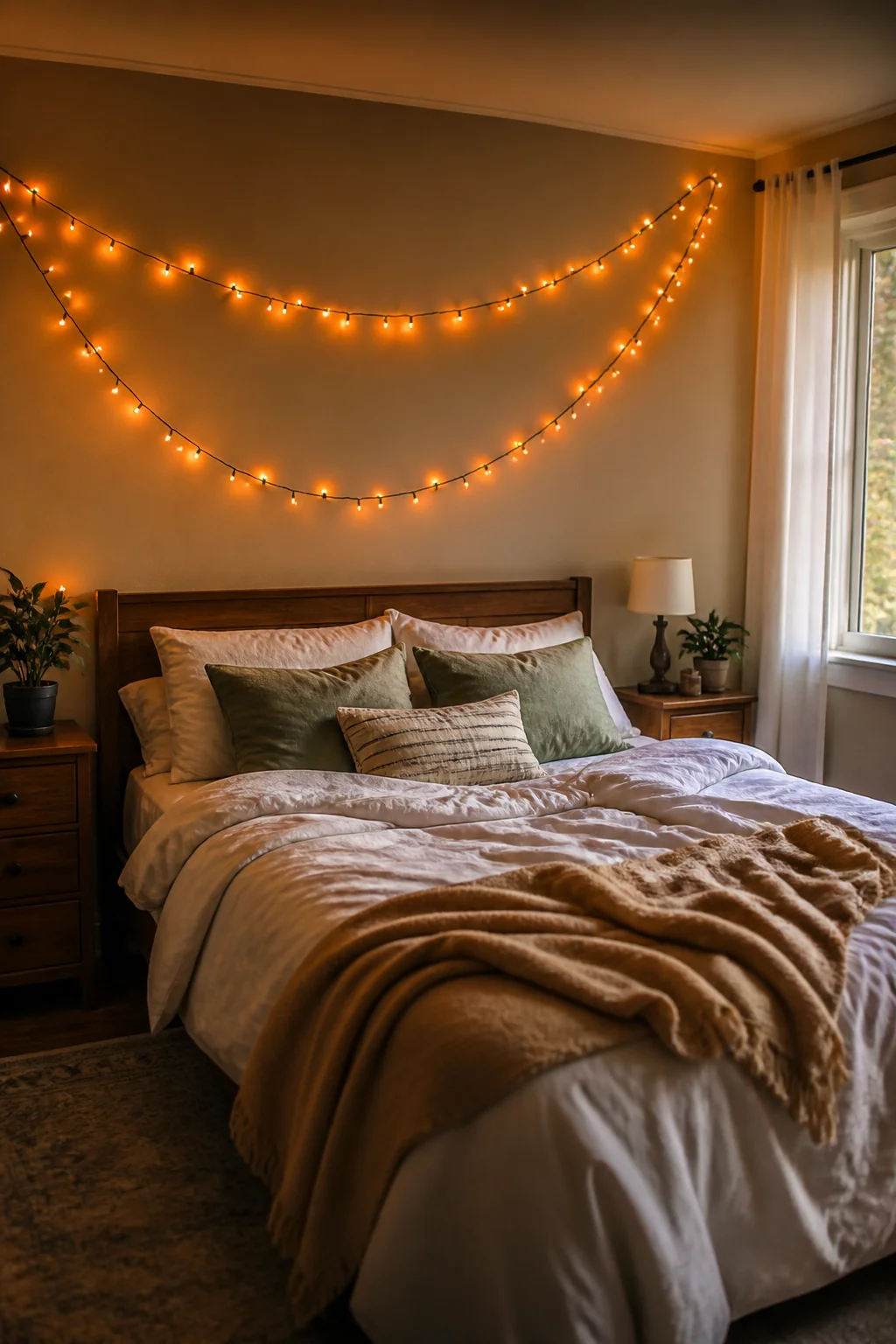 String orange lights above the headboard