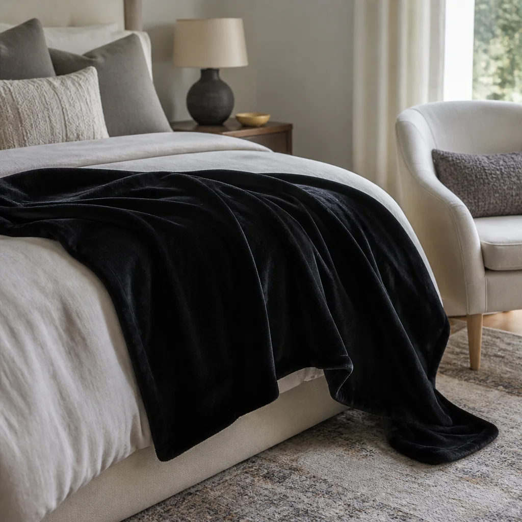 A black velvet throw blanket draped casually