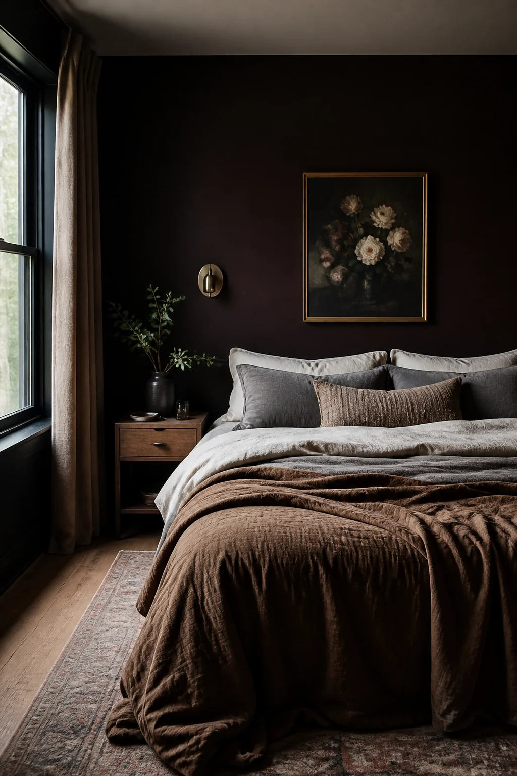 A deep burgundy or black accent wall behind your bed