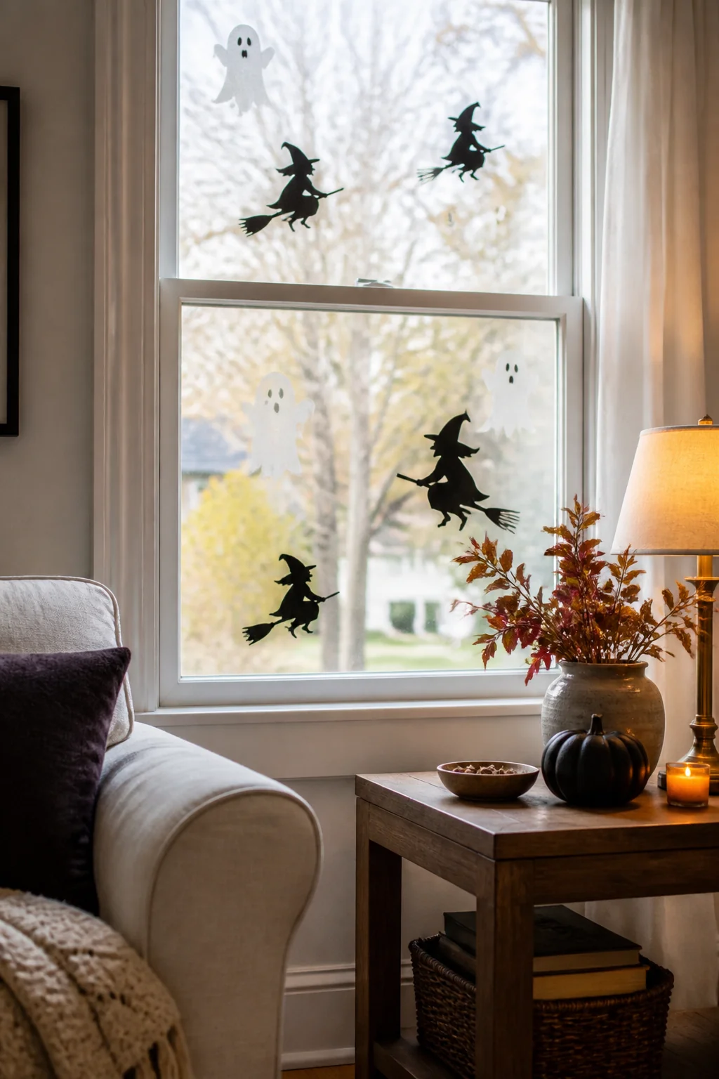 Window clings shaped like ghosts and witches