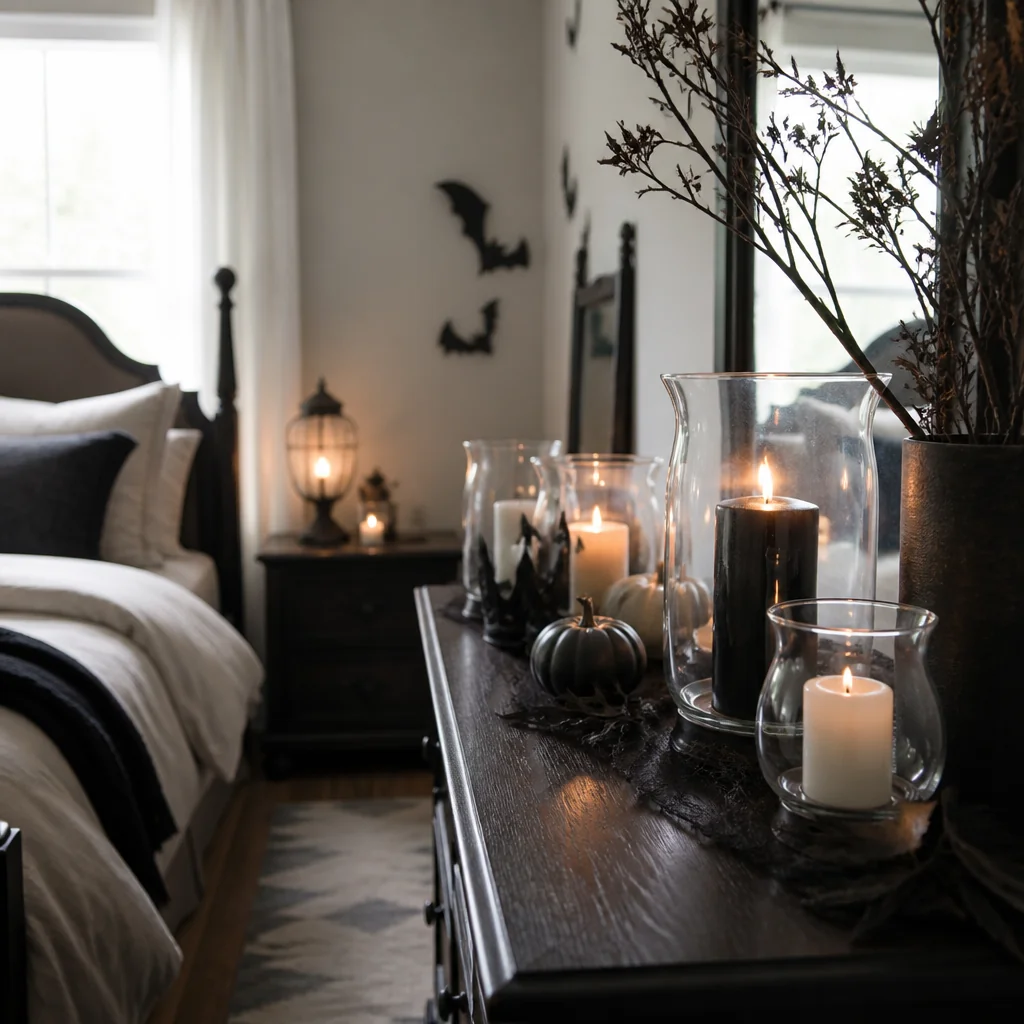 Candles in glass holders arranged on a shelf or dresser