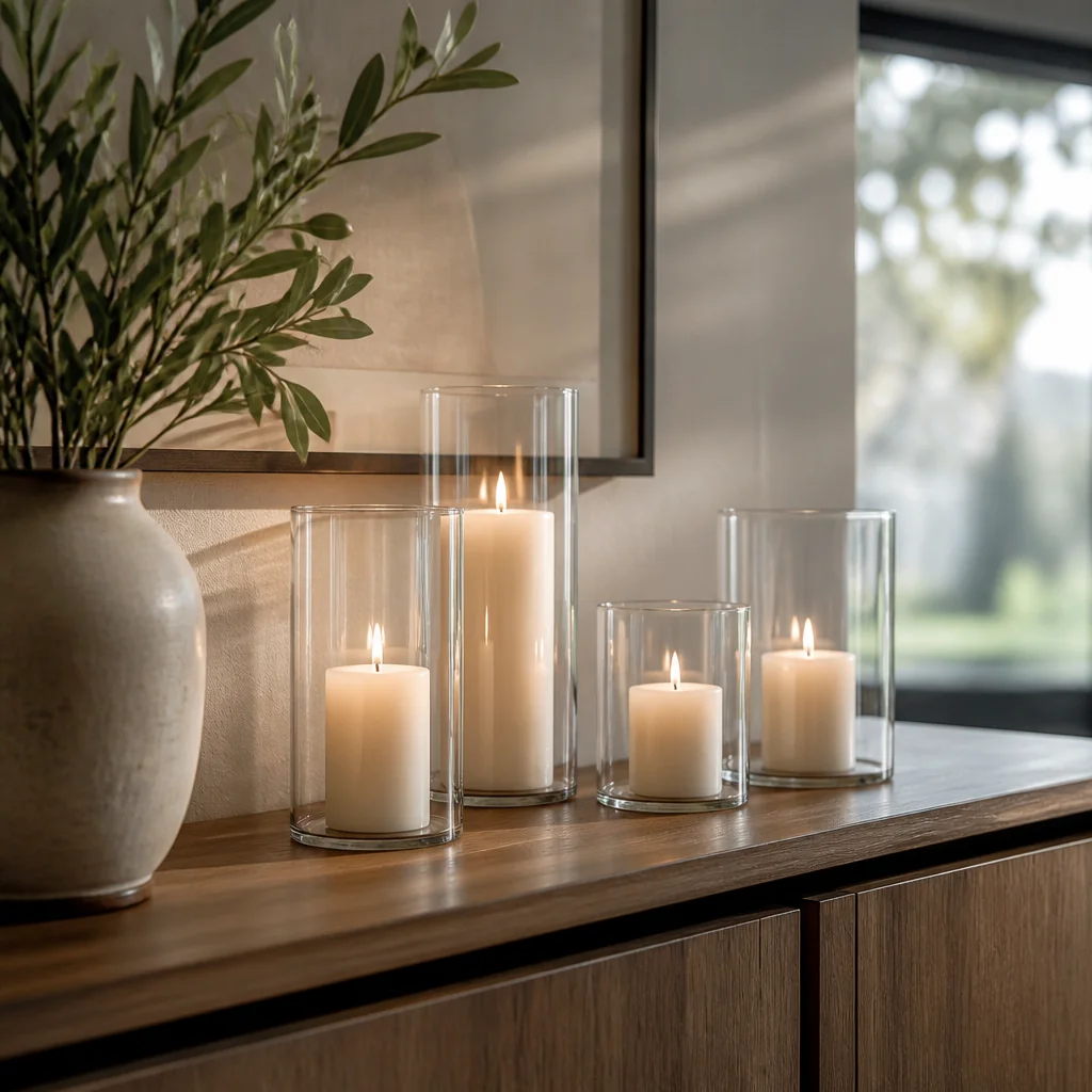 Candles in glass holders arranged on a shelf or dresser