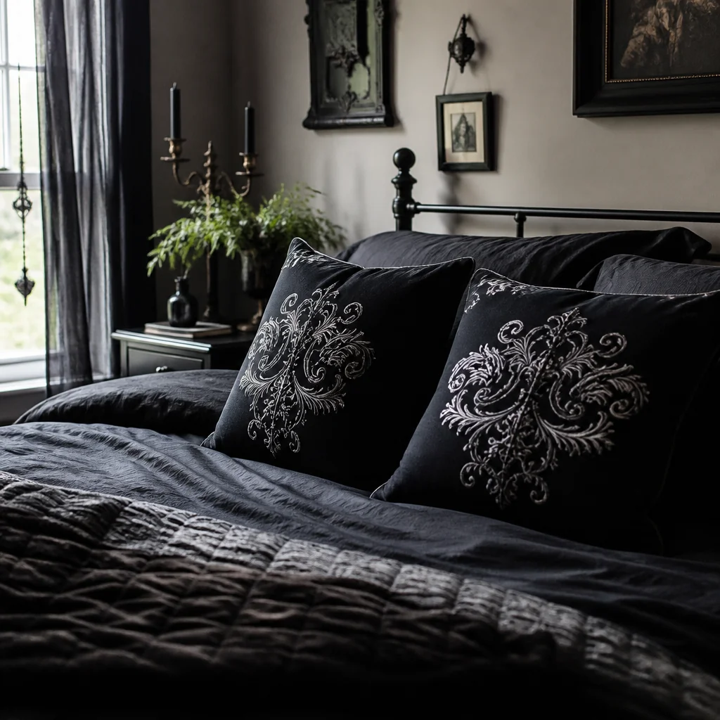 Black pillow covers with white gothic patterns or monograms