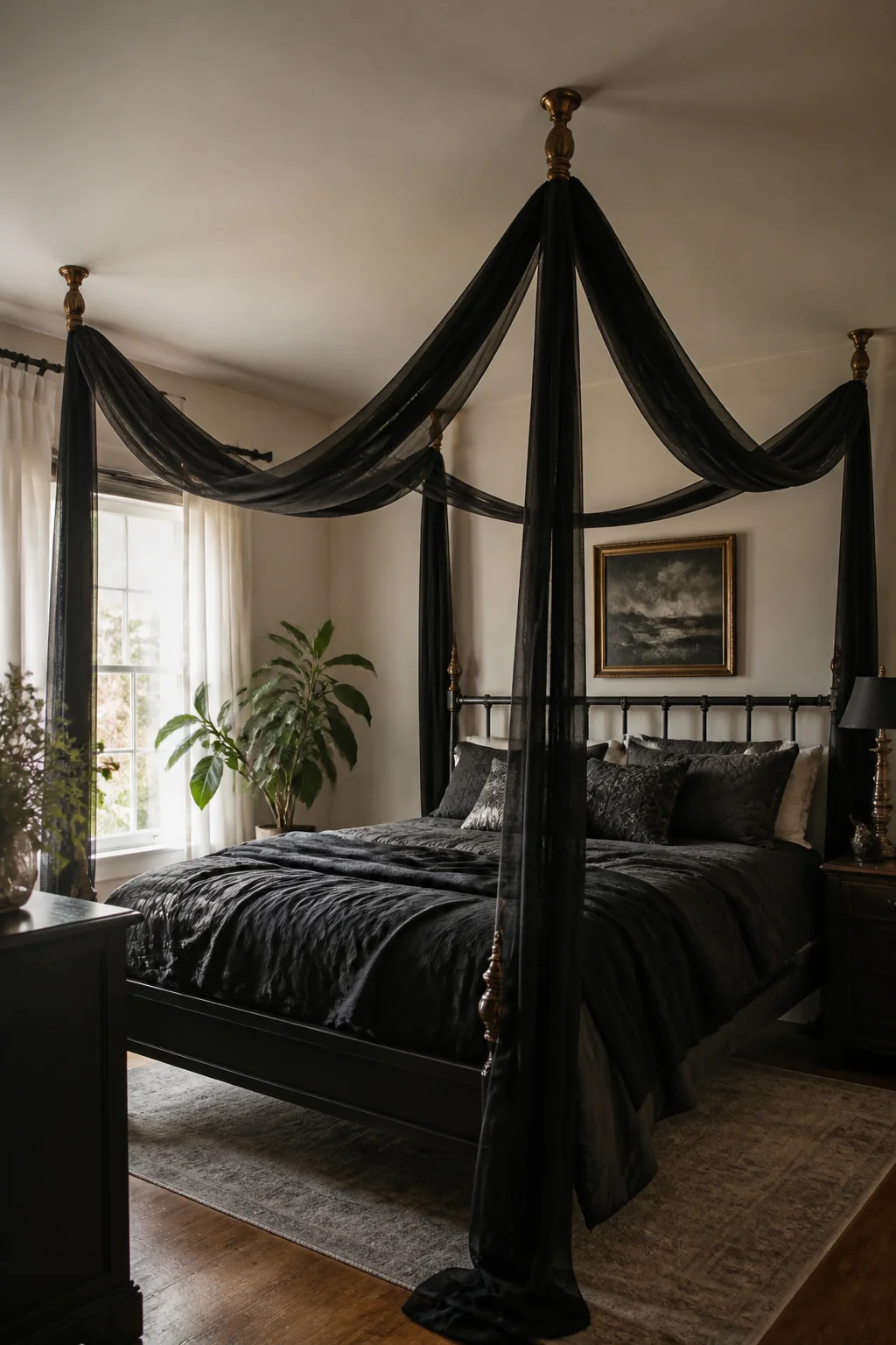 Black sheer fabric swags from ceiling corners to bedposts