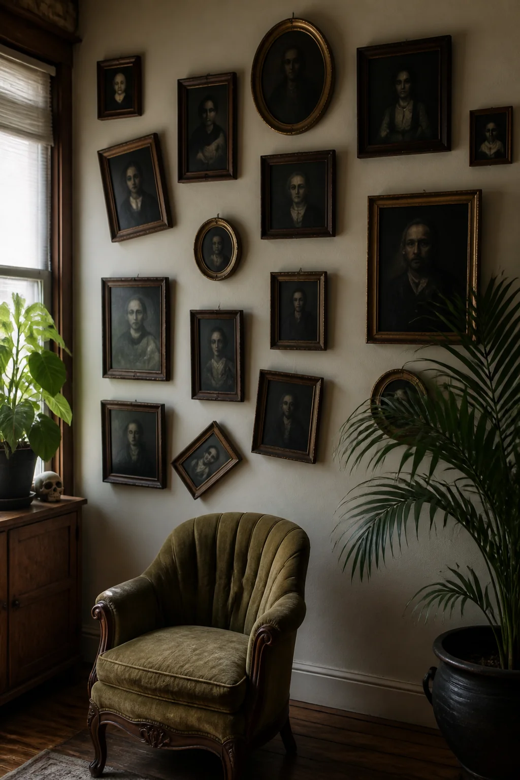 A "creepy portraits" gallery wall with reoriented frames