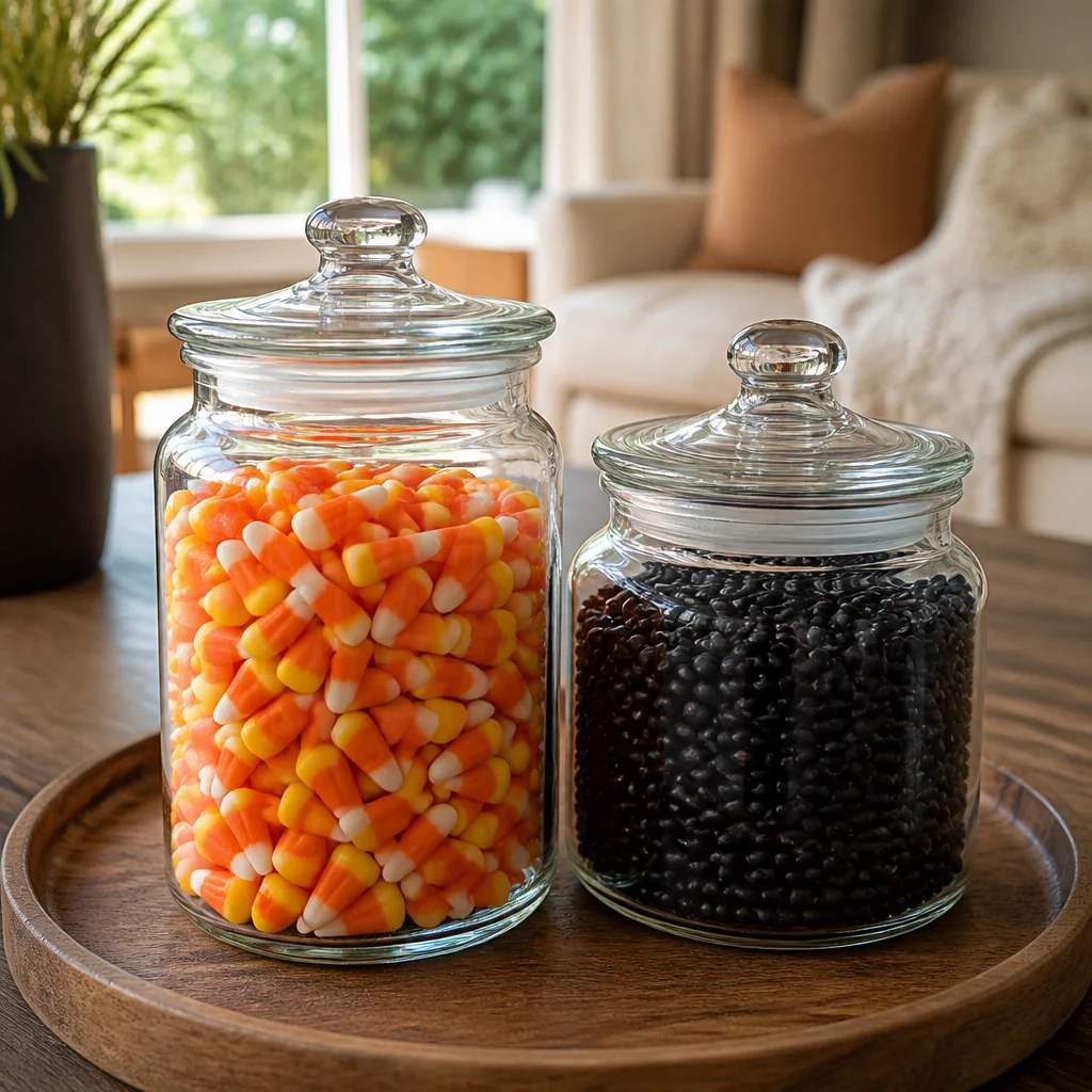 Fill clear glass jars with candy corn and black beans