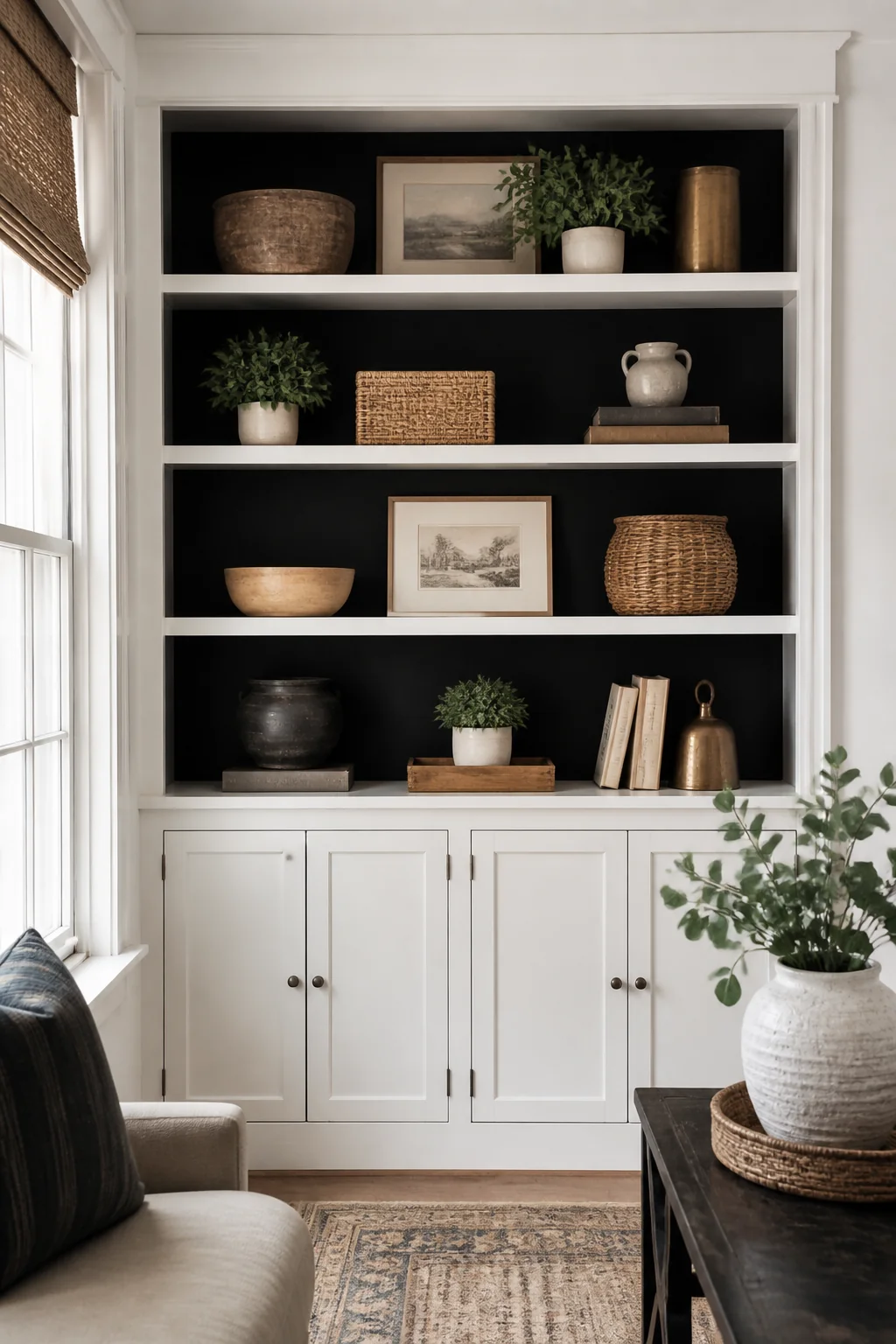 Line your open shelves with black contact paper backing