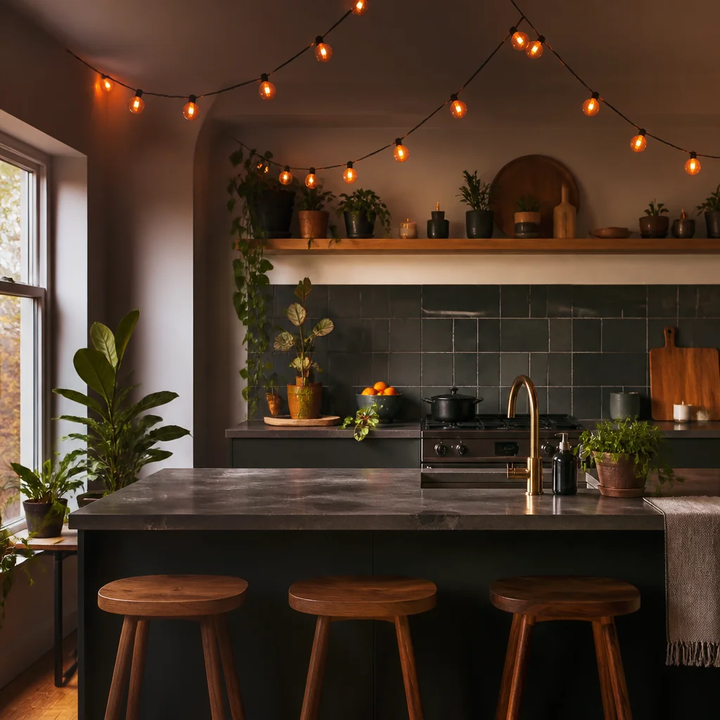 String orange fairy lights above your kitchen island or sink