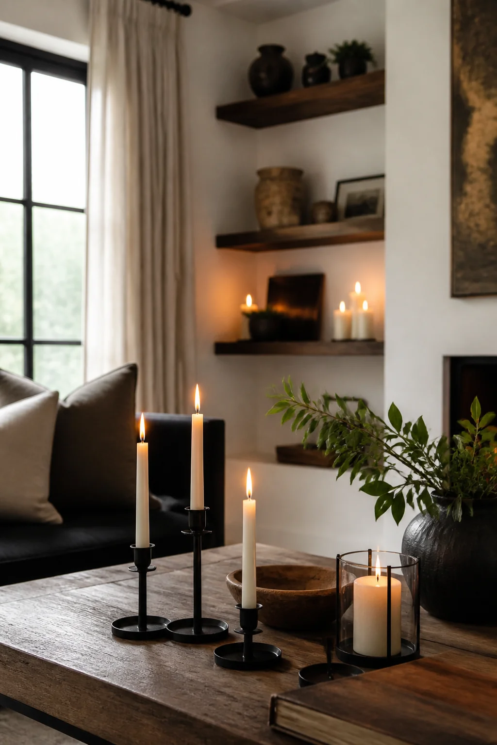 Add battery-operated candles in black holders