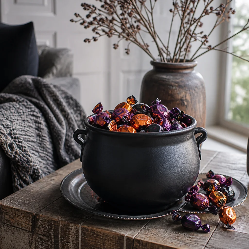 Create a small "candy cauldron" with a black bucket and wrapped chocolates