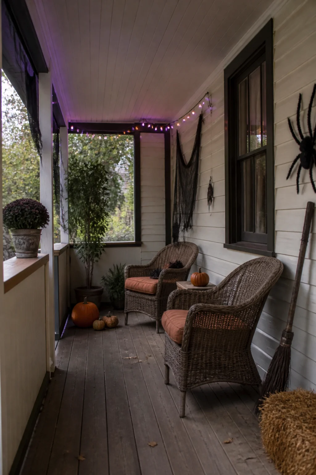 Uplighting or colored string lights along your porch edge