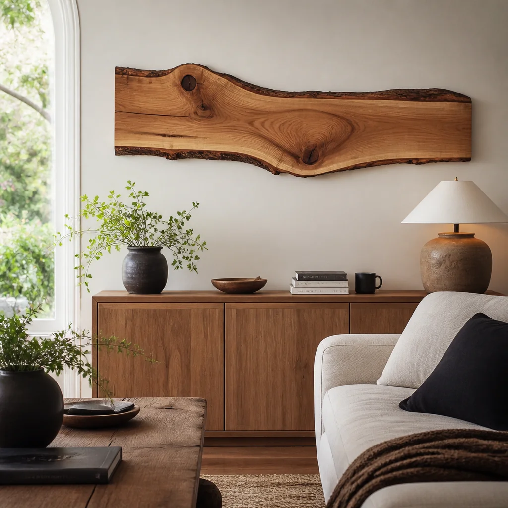 Live-edge wood slab mounted horizontally