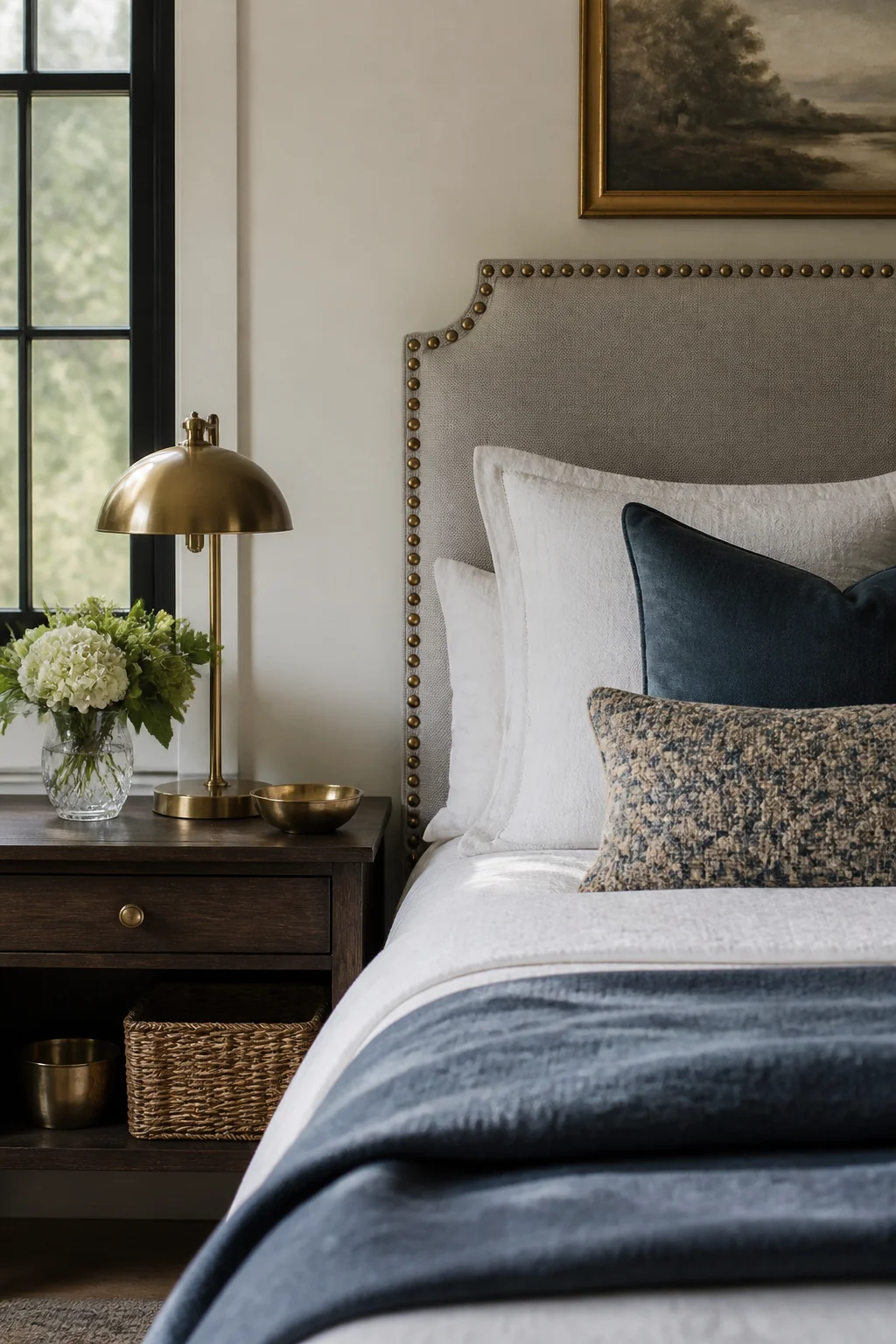 Upholstered headboard with nailhead trim