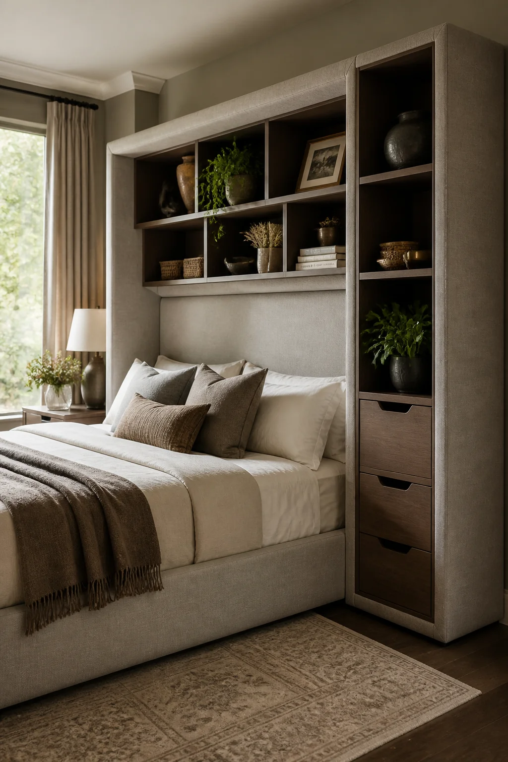Fabric-wrapped frame with storage shelves