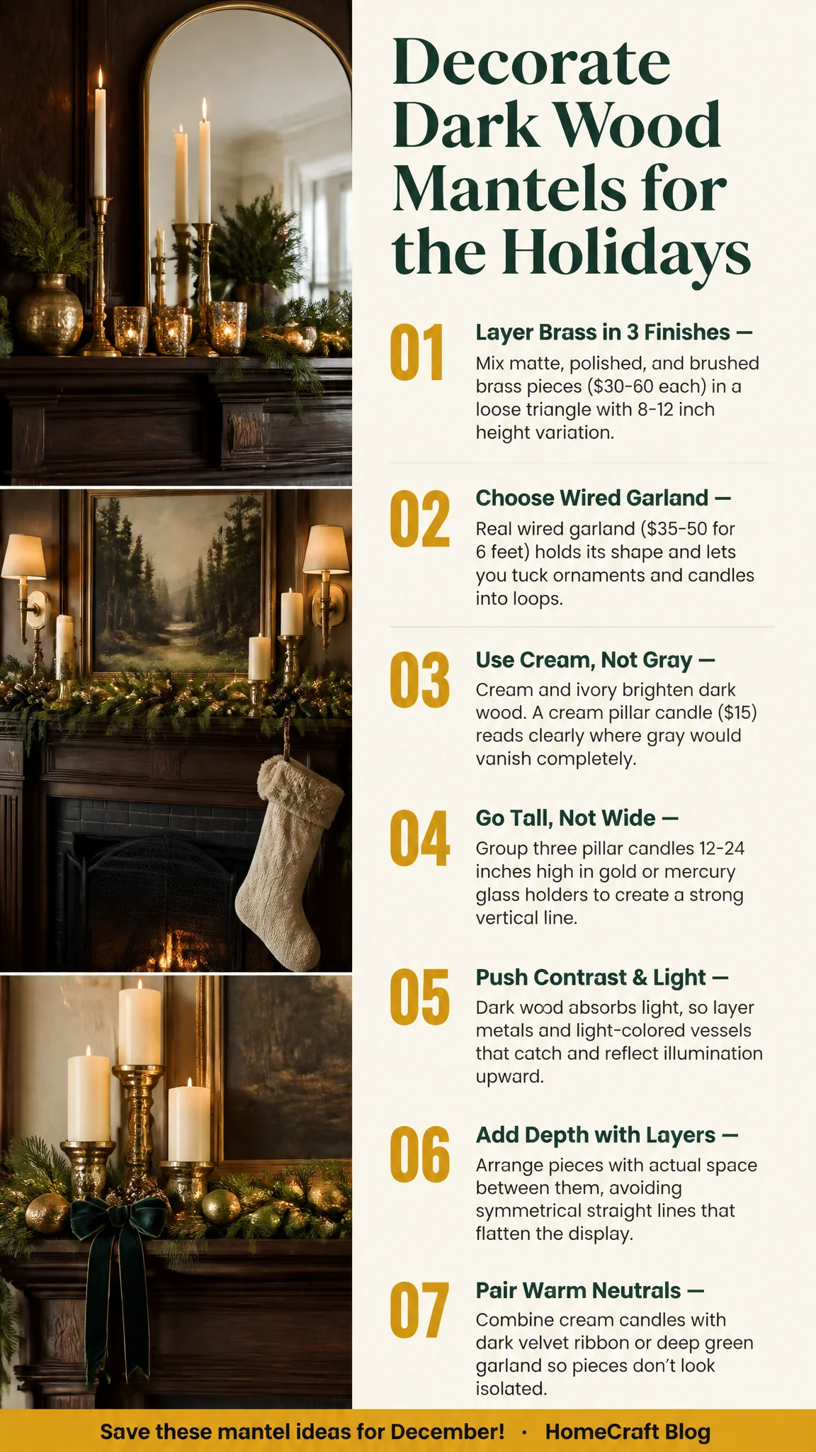 11 Warm Holiday Mantel Decorating Ideas for Dark Wood — visual summary