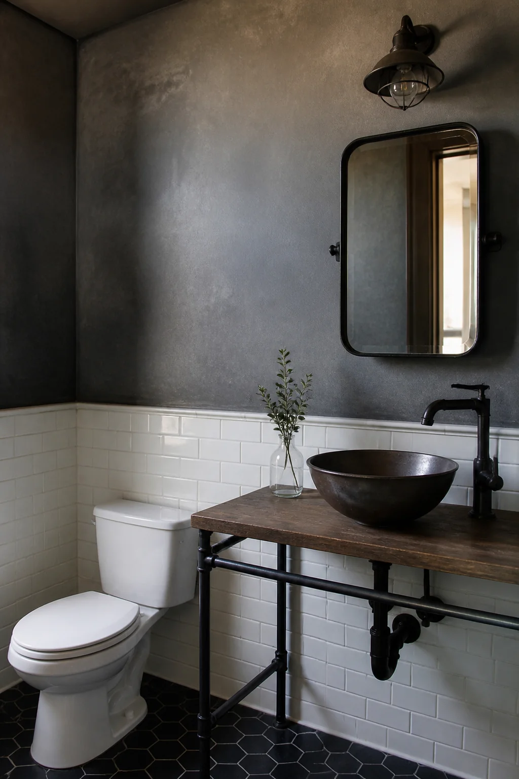 Skip the shower curtain hardware - use a sleek glass enclosure or nothing