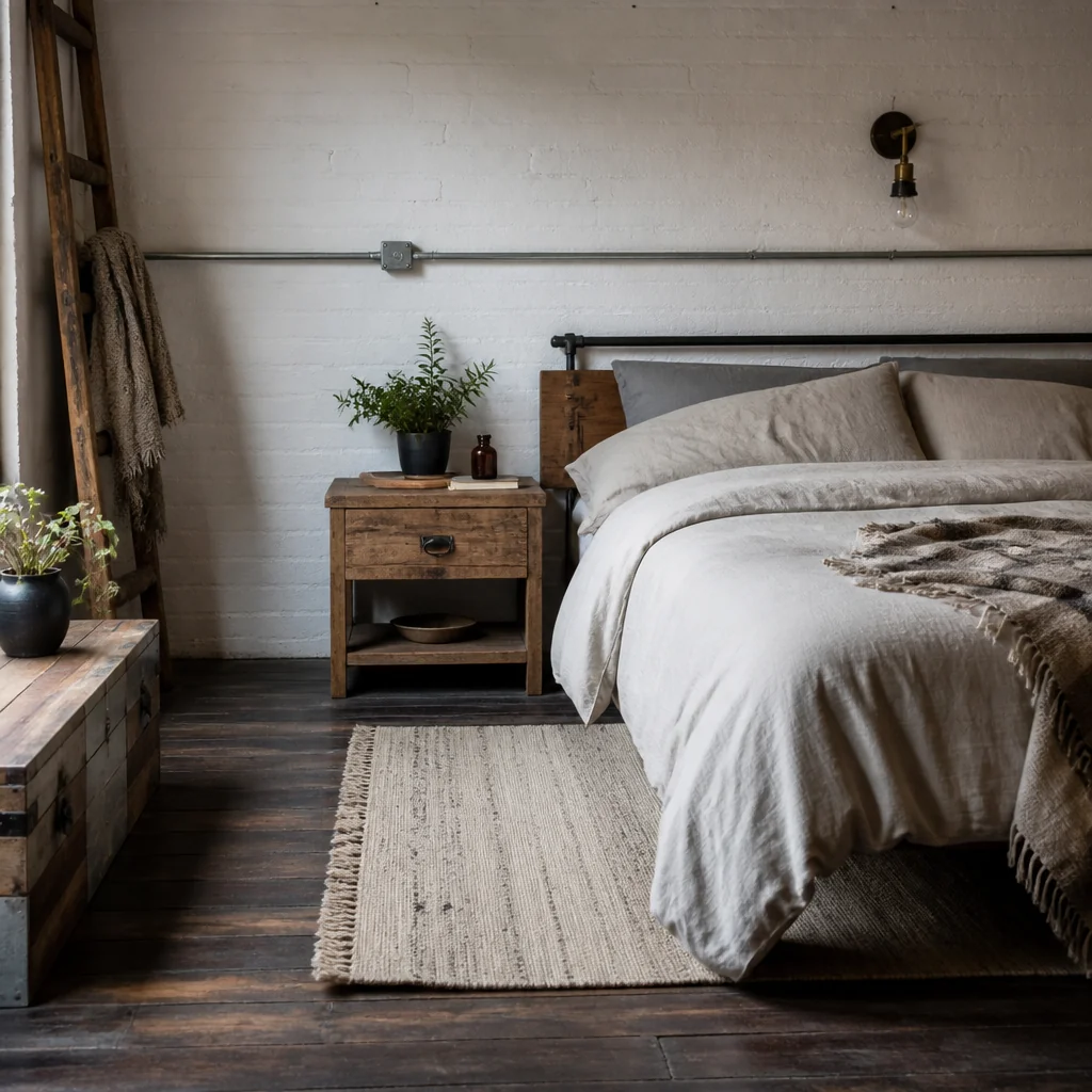 Place a reclaimed wood nightstand beside the bed