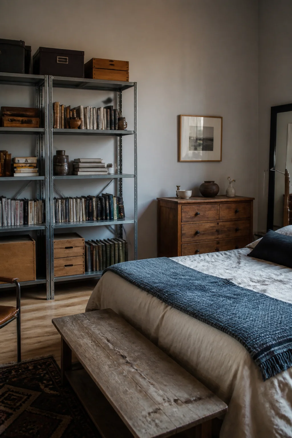 Use metal shelving units for a bookcase wall