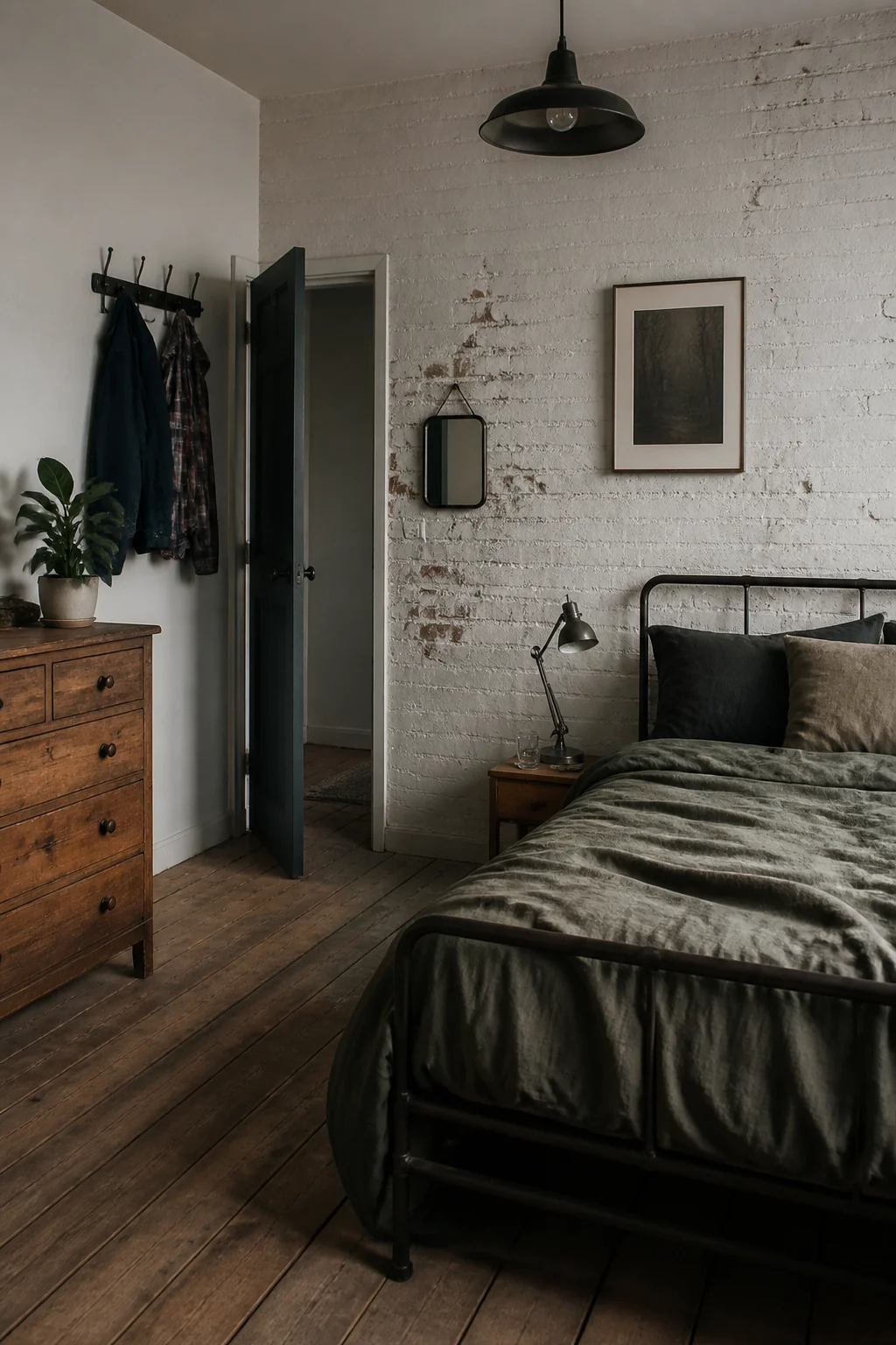 Use steel or black metal wall hooks for clothing storage