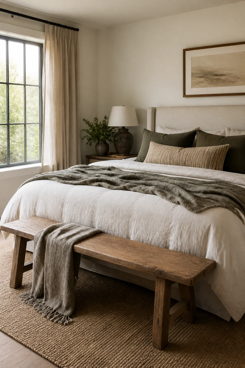 Incorporate a low wooden bench at the foot of the bed