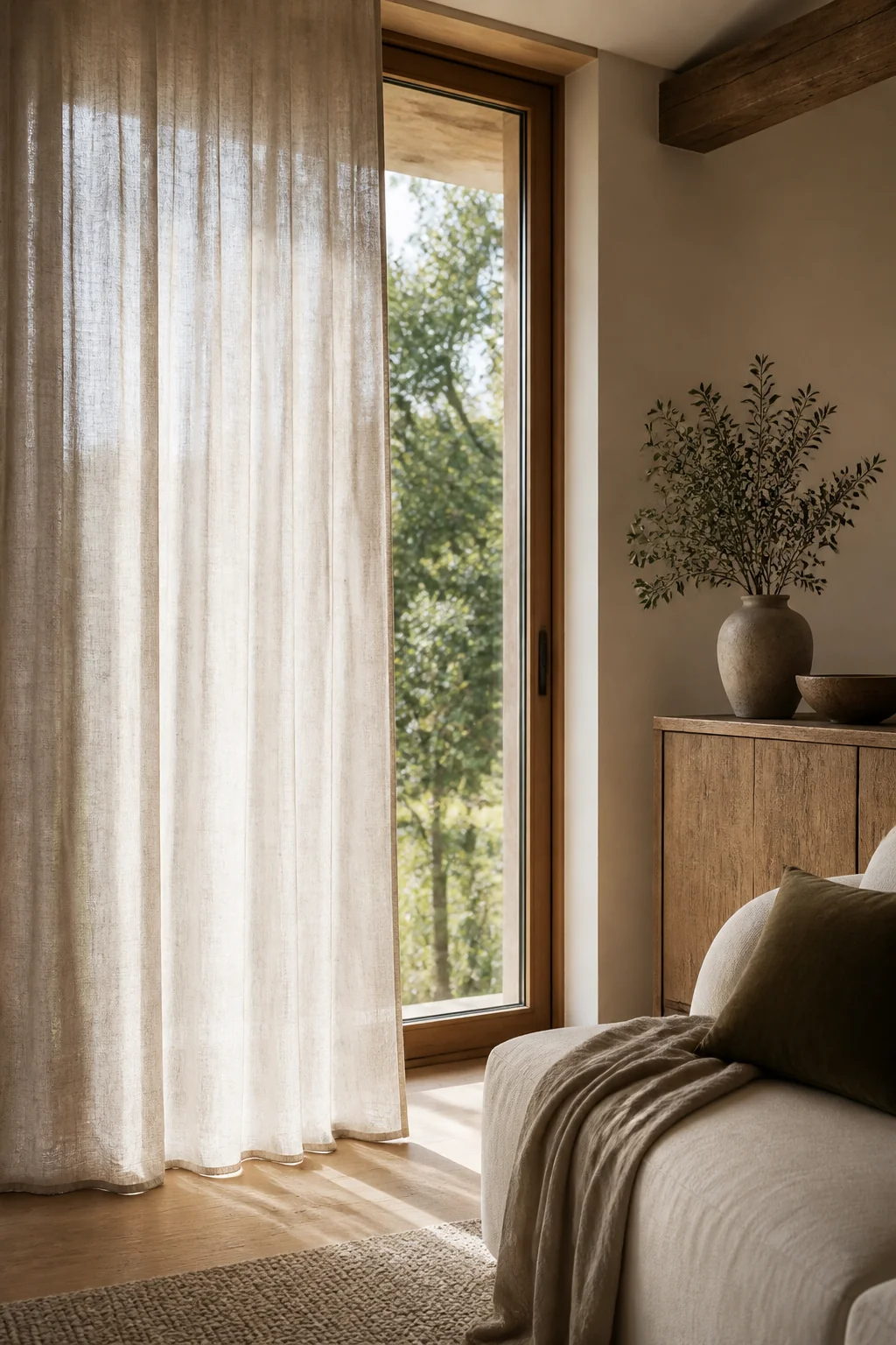 Hang simple linen curtains from ceiling to floor