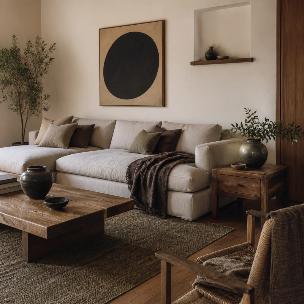 Add a low wooden side table with a single drawer