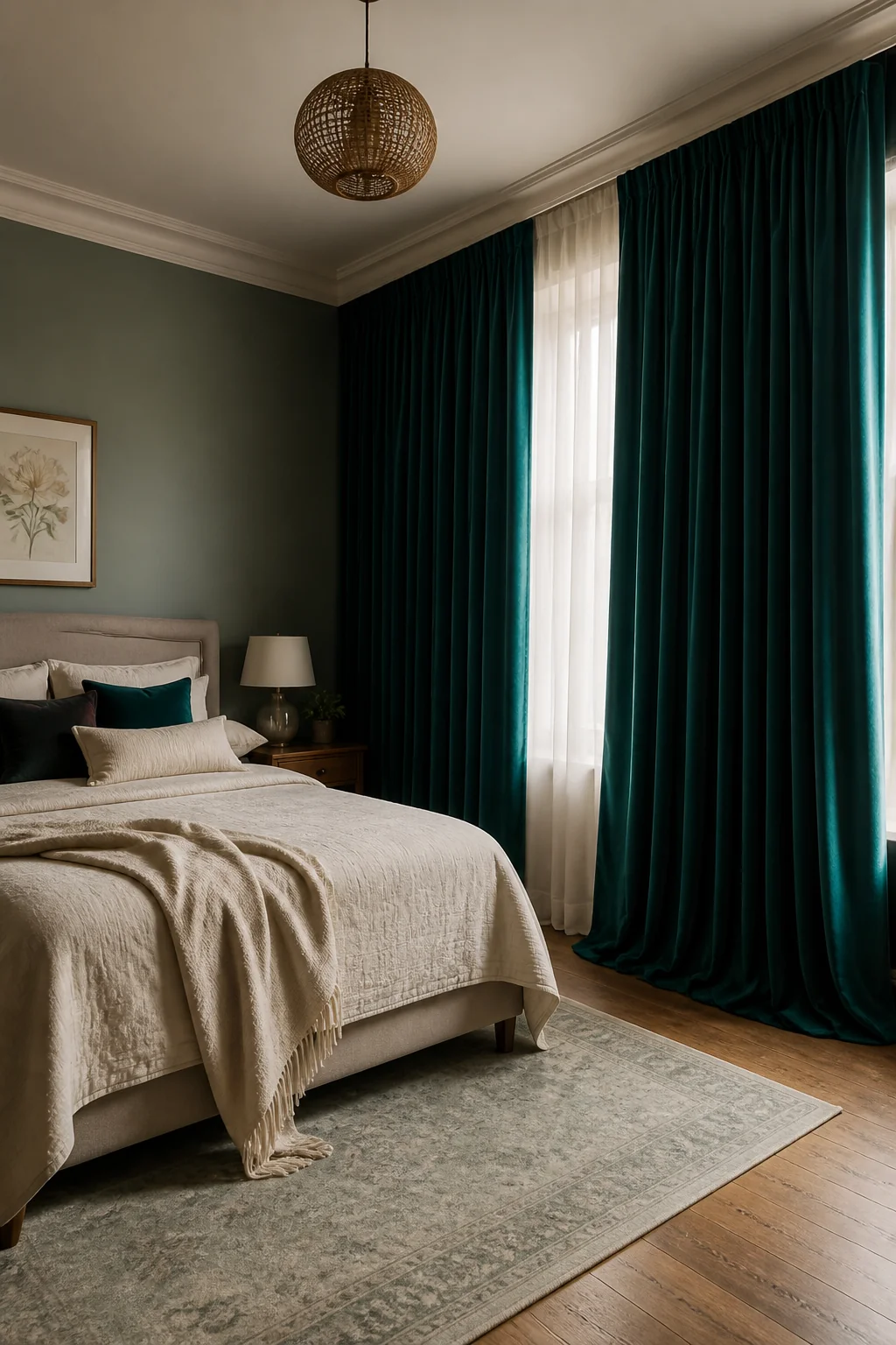 Hang jewel-toned curtains from ceiling to floor
