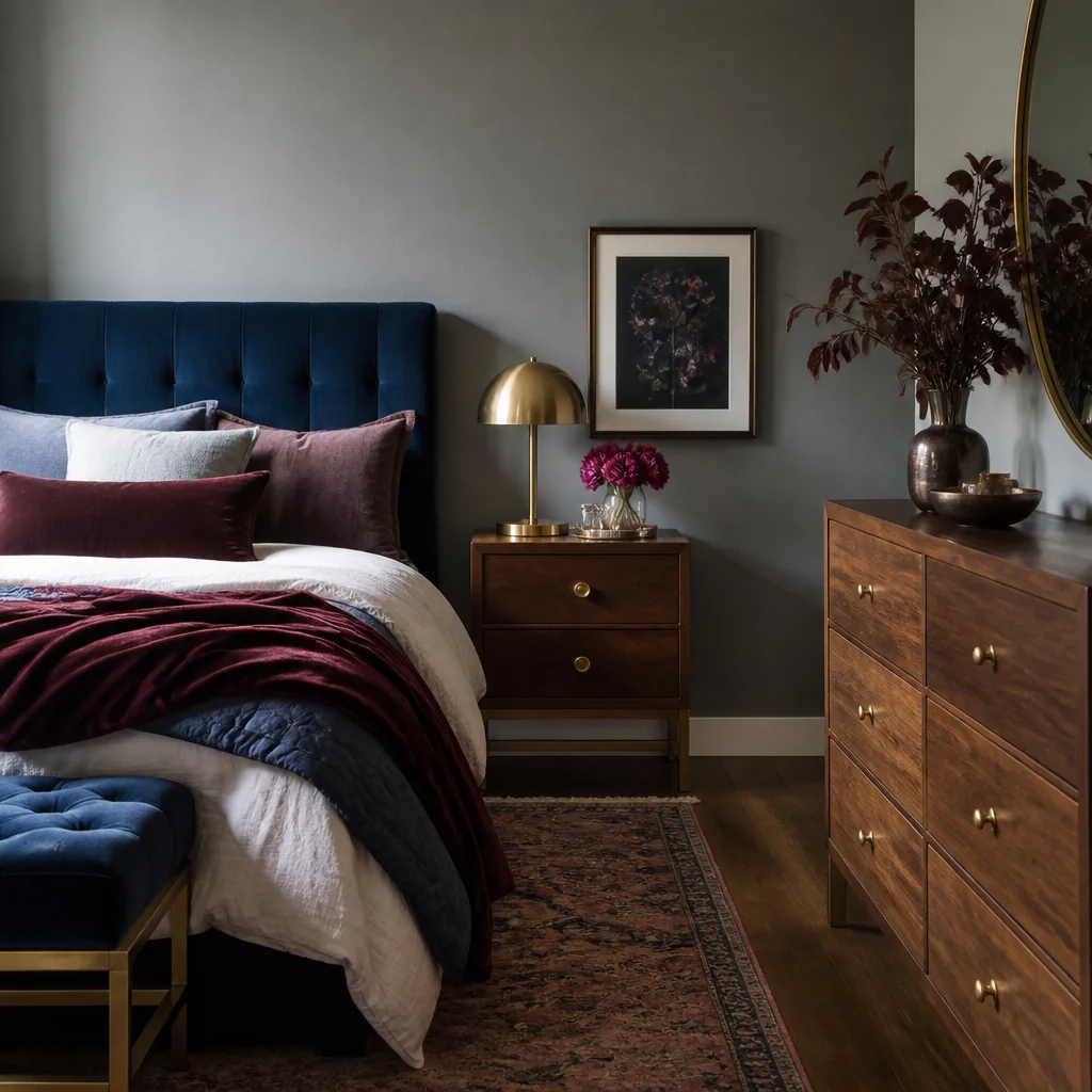 Layer jewel tones with metallics on the nightstand