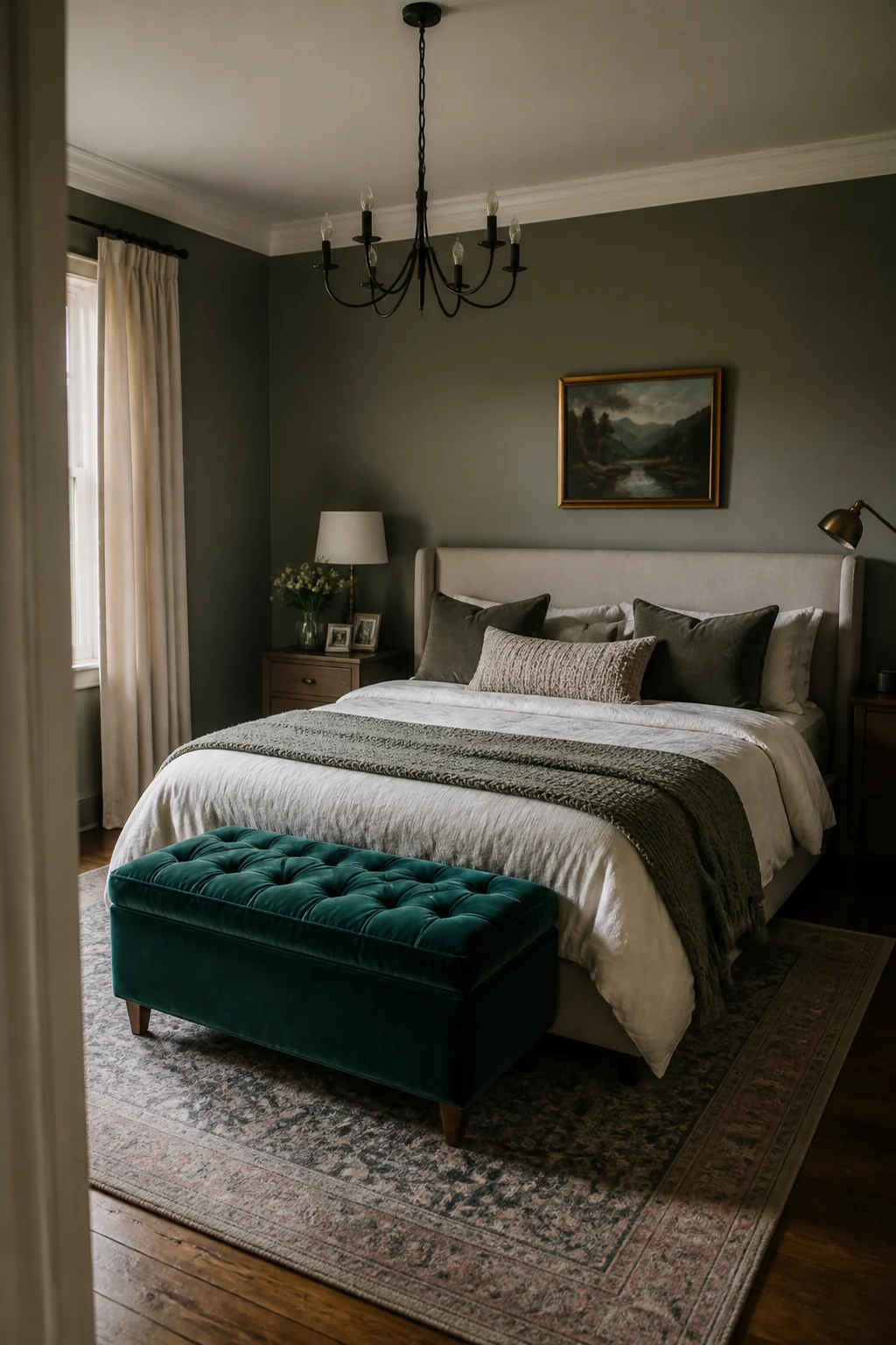 Add a jewel-toned ottoman at the foot of the bed