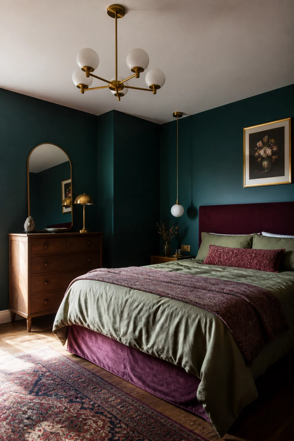 Layer jewel tones under contemporary lighting
