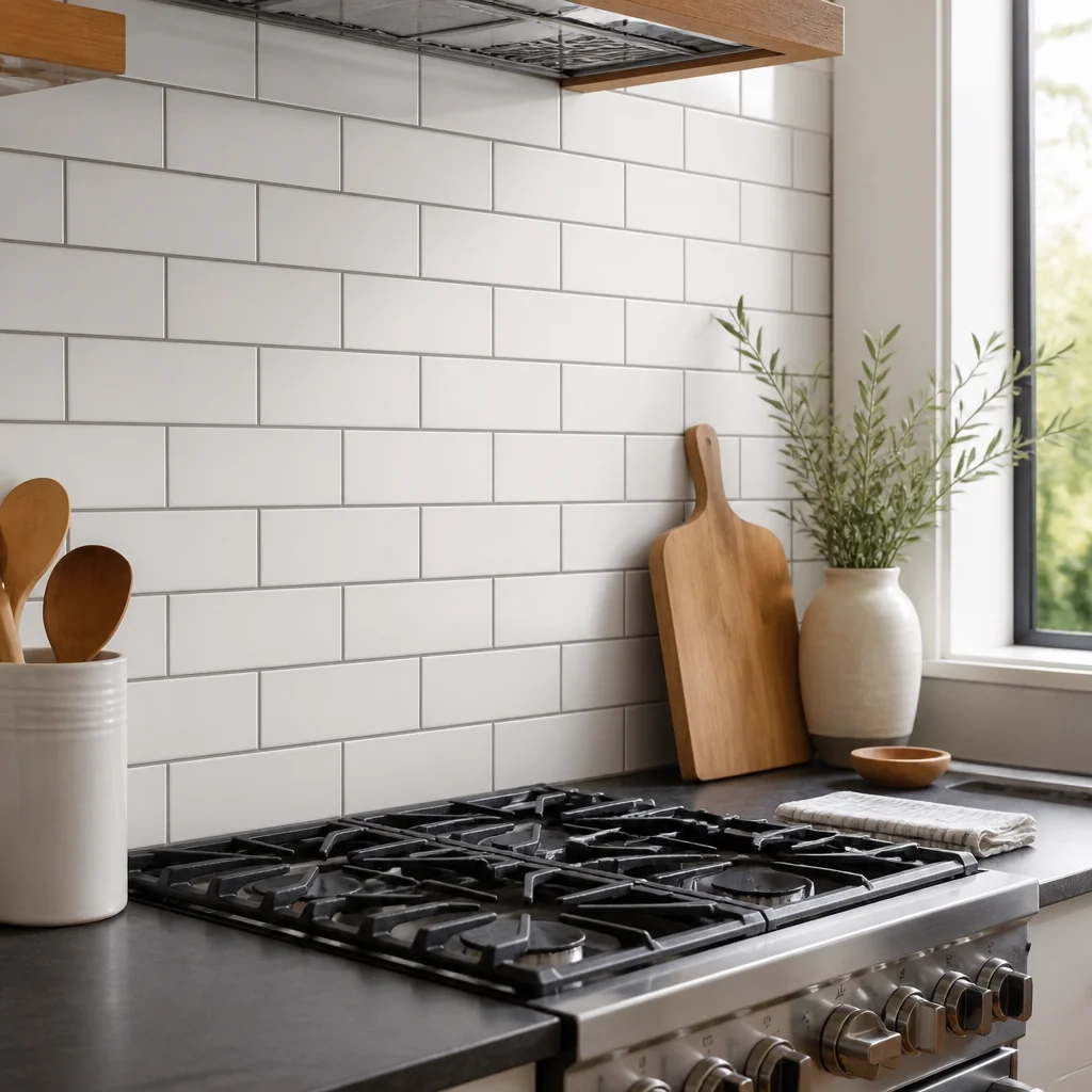 Classic white subway tile with gray grout