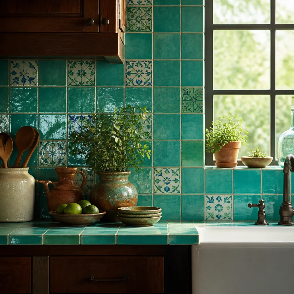 Turquoise hand-painted tiles