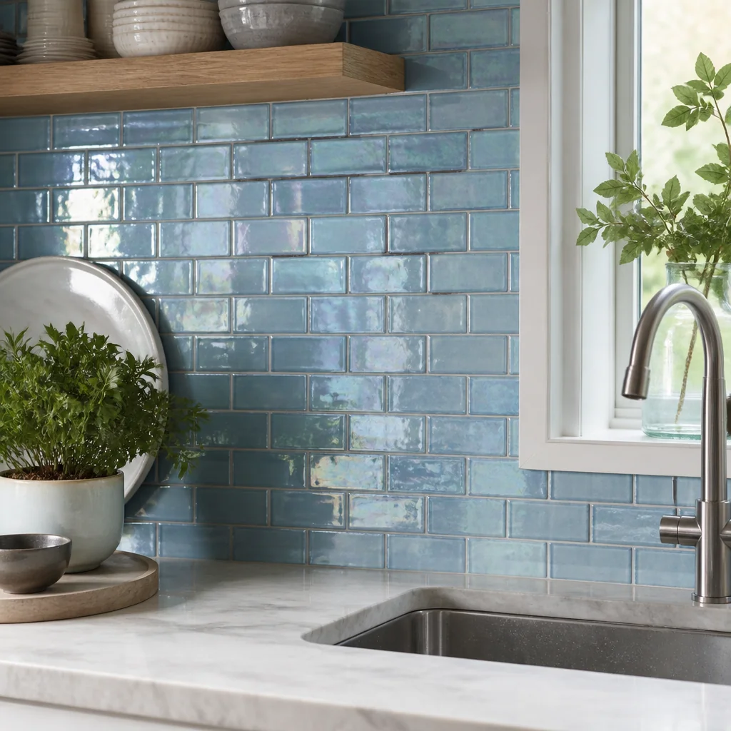 Iridescent glass tile in soft blue