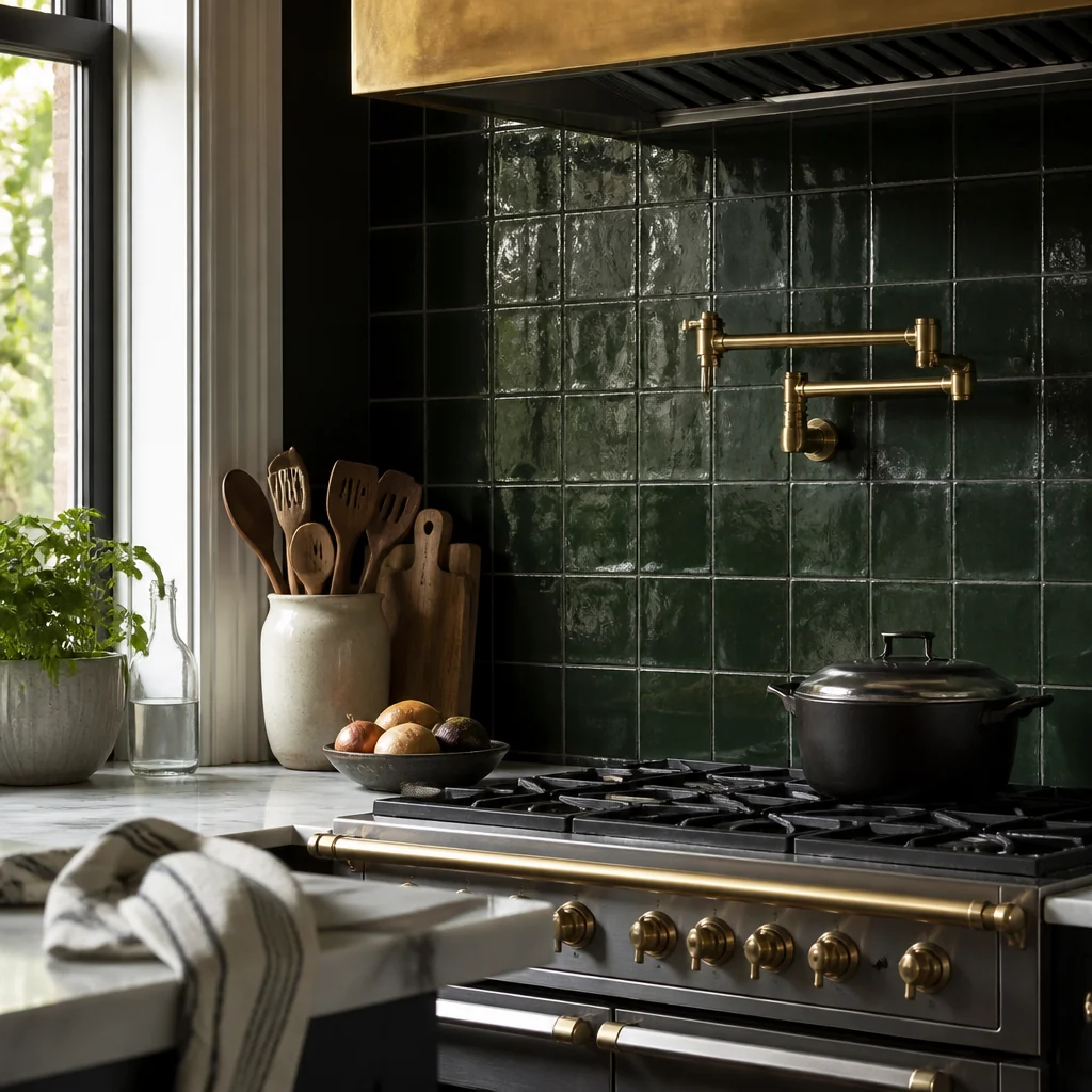 Deep forest green handmade tile