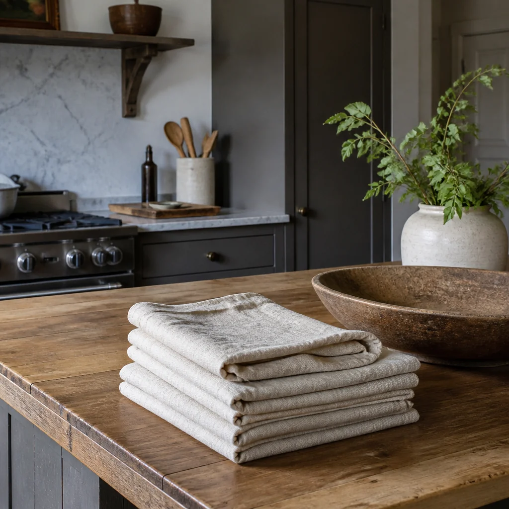 Stack folded tea towels in a linen color