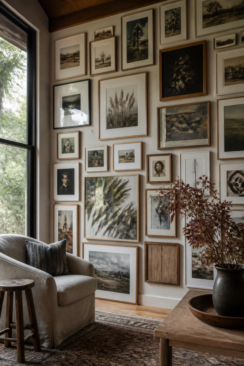 Create a floor-to-ceiling gallery wall with mixed frames