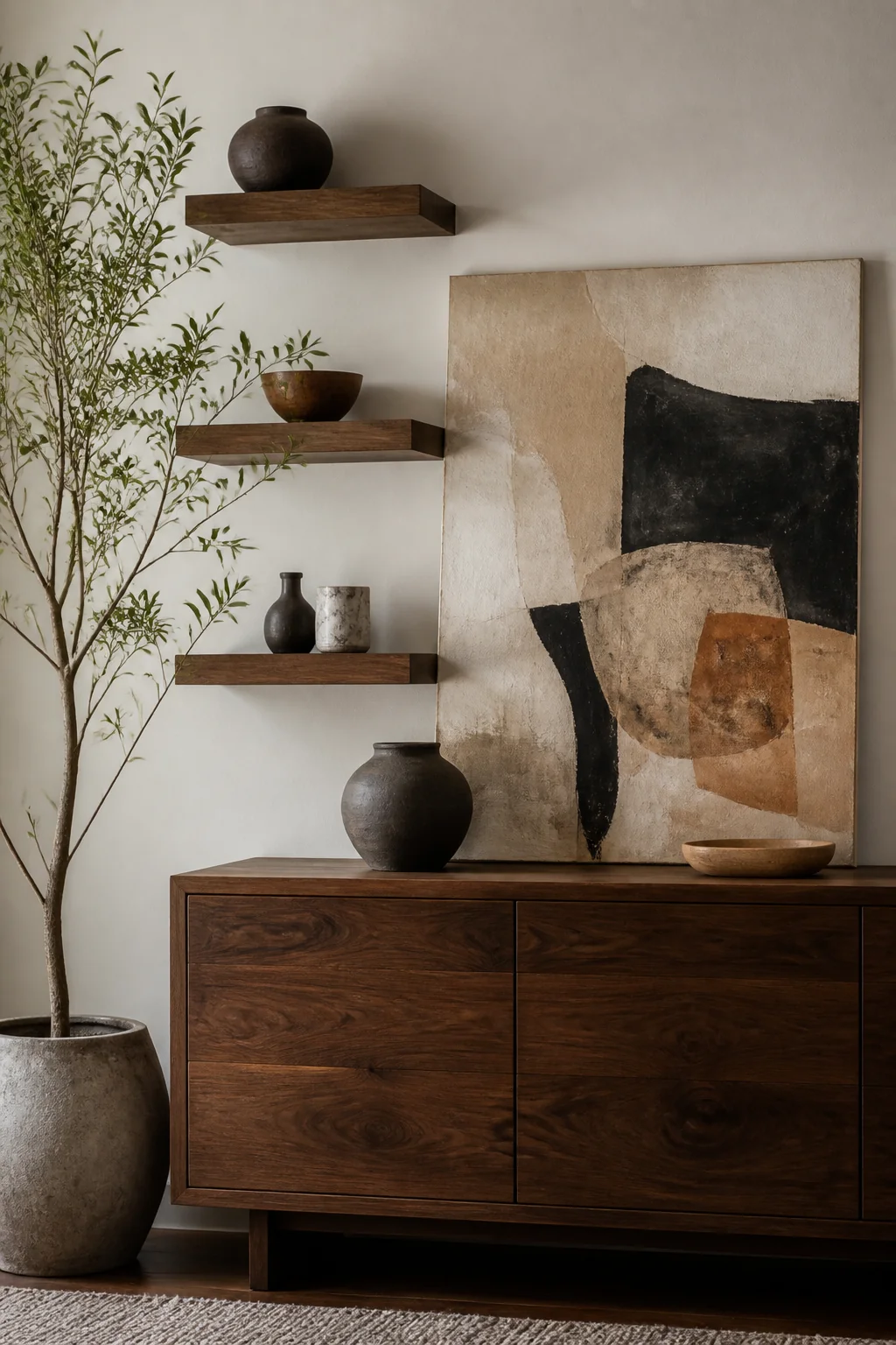 Layer oversized abstract art with floating shelves