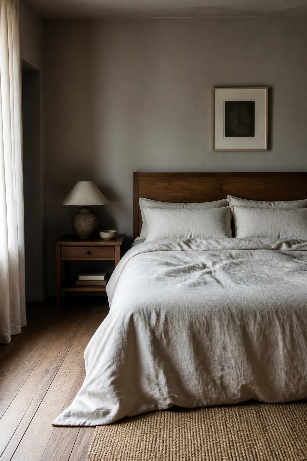 Bed linens in off-white linen with visible weave