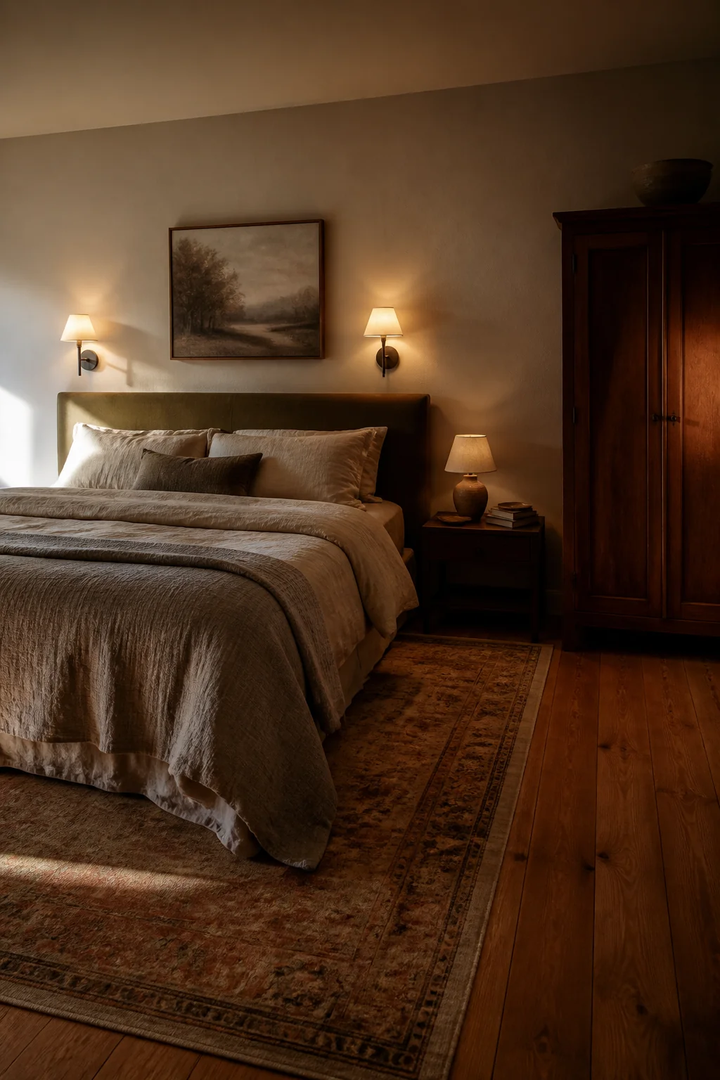 Layered warm-toned lighting with no single overhead fixture