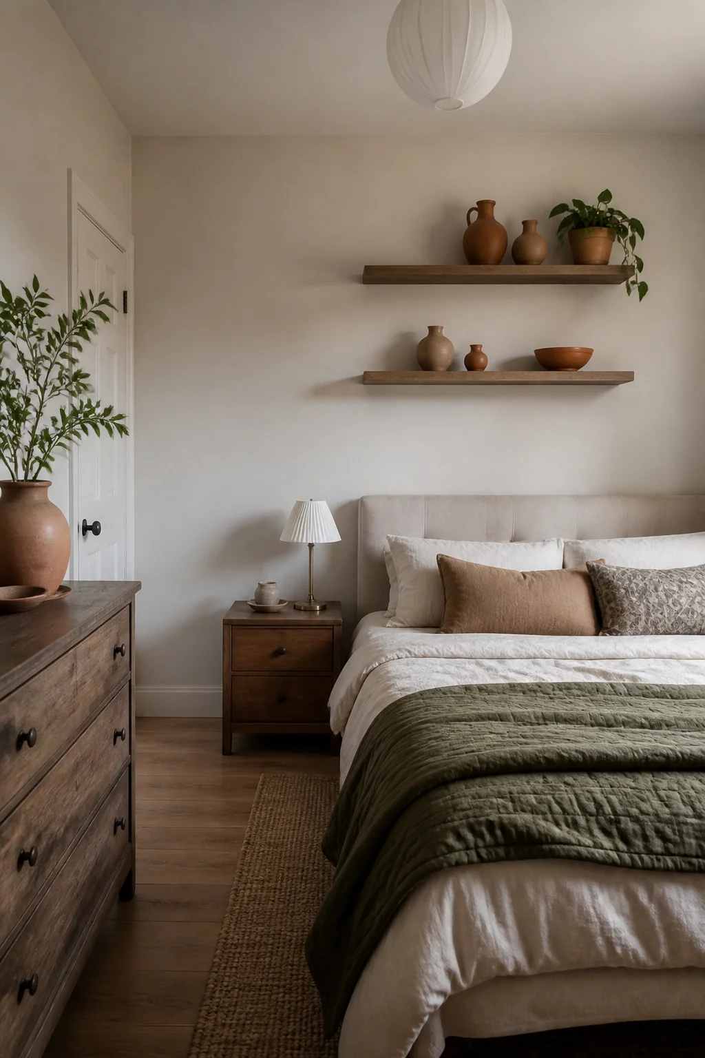 Terracotta or clay-toned accent pieces on floating shelves