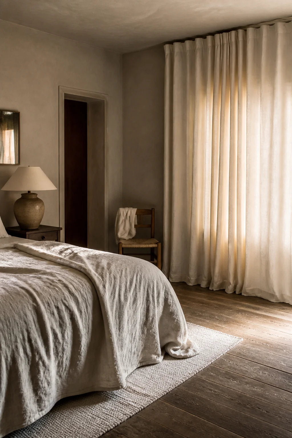 Natural linen or cotton curtains in light sand or cream, floor to ceiling