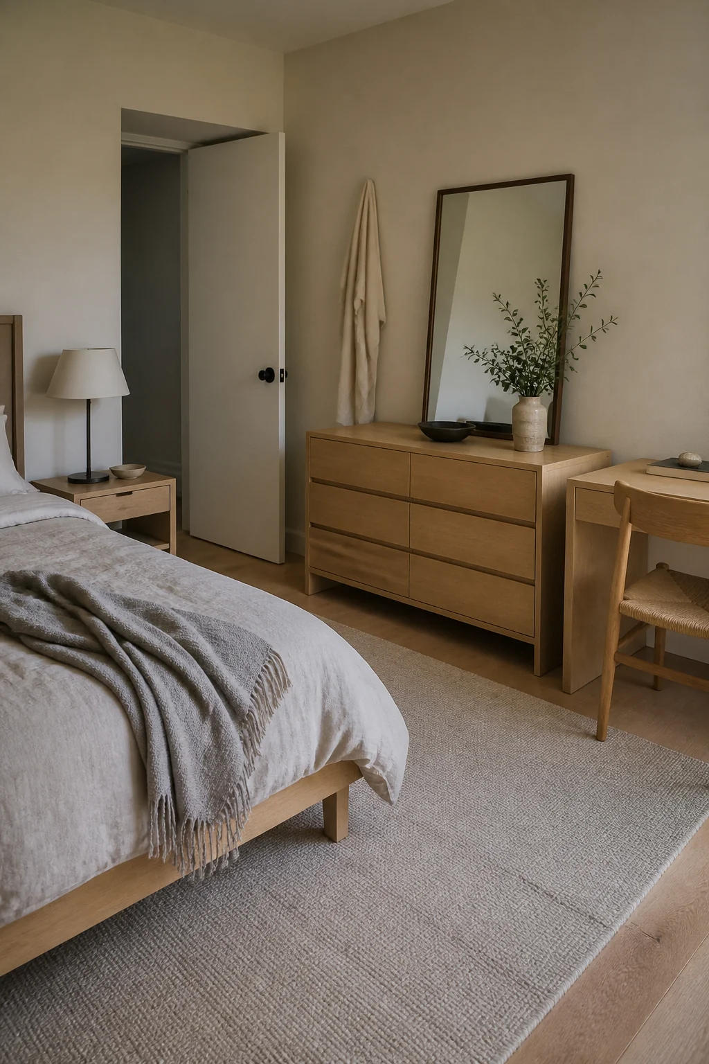 Pale natural wood furniture with open undersides