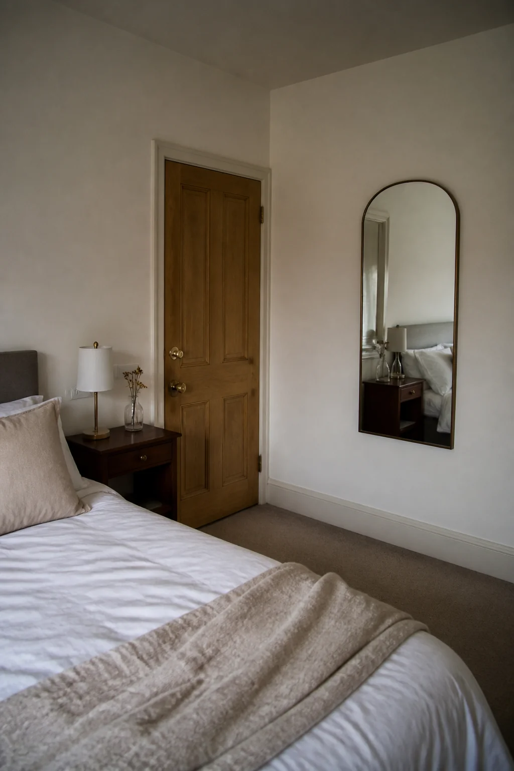 Mirror on the adjacent wall to the bedroom entrance, not opposite