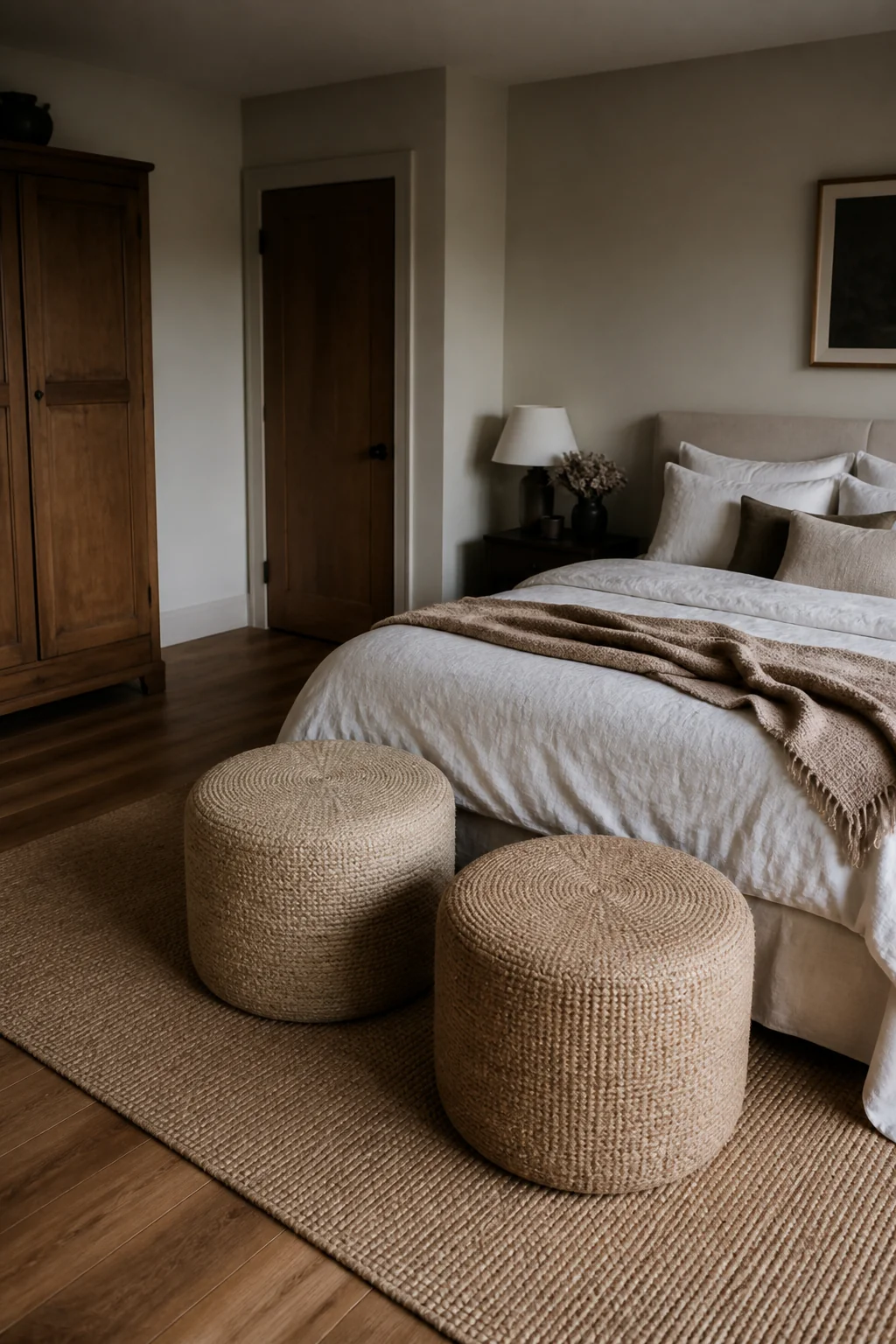 Woven poufs or low upholstered stools in natural tan or cream