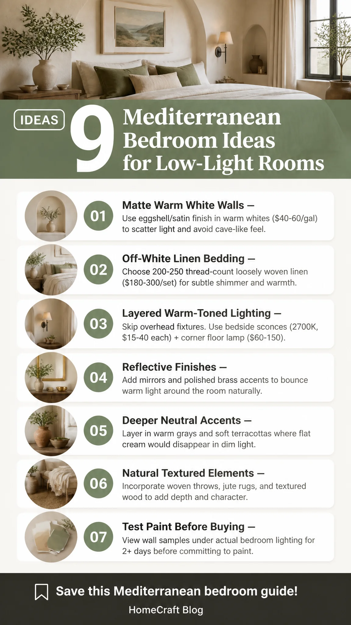 9 Inviting Mediterranean Bedroom Decor Ideas for Low-Light Rooms — the short version, illustrated
