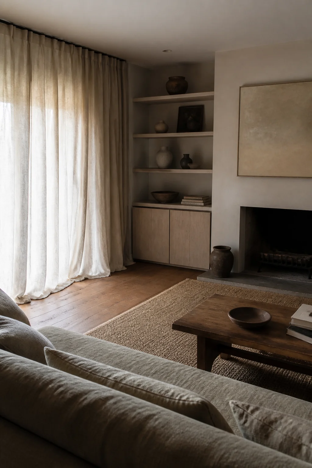 Start with a heavy linen curtain in cream or soft taupe