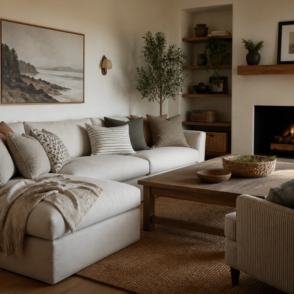 Add throw pillows in linen, wool, and cotton in varying scales
